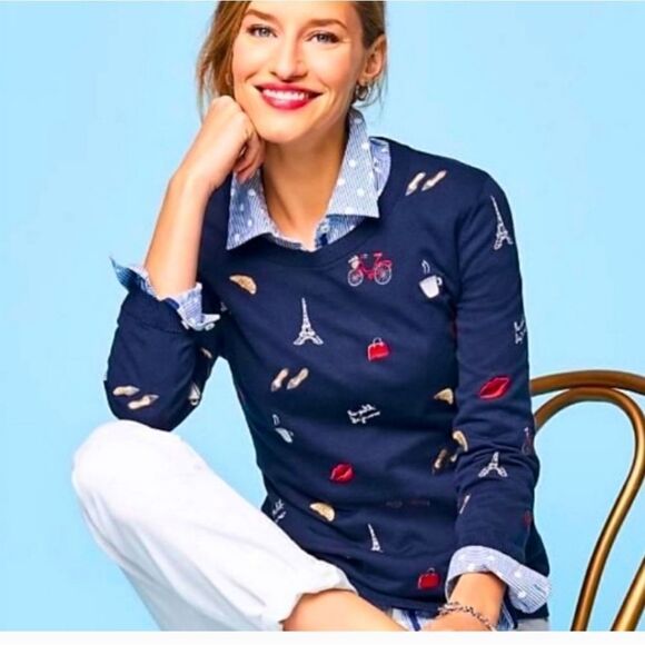 TALBOT NAVY BLUE EMBROIDERED PARIS SWEATER, SIZE X - Picture 2 of 9